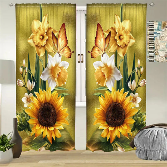 2Pcs Golden Sunflower Curtain Spring Floral Butterfly Pattern Curtain Living Room Bedroom Balcony Window Decor Sunshade Curtains