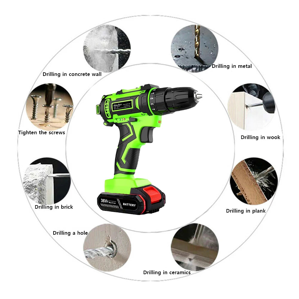 21V Household Power Tools Lithium Battery Rechargeable Cordless Drill Multifunction Screwdriver with Display and Impact Function