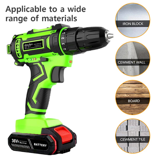 21V Household Power Tools Lithium Battery Rechargeable Cordless Drill Multifunction Screwdriver with Display and Impact Function