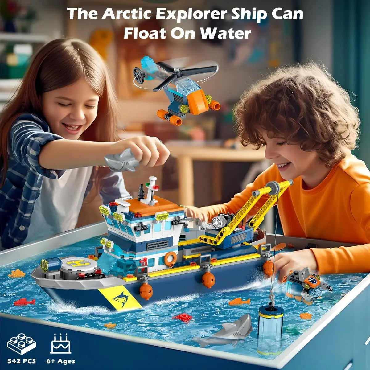HOGOKIDS Arctic Explorer Technic Ship Building Block Set with LED Light  Ocean Exploration Helicopter Sub Shark for Kids Ages 6+