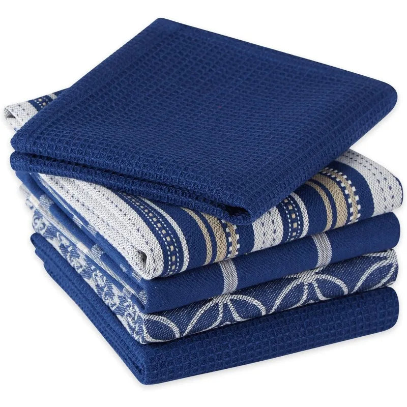 Assorted Woven Kitchen Set, Dishtowel, 18x28, Dishcloth, 13x13, Nautical Blue, 5 counts