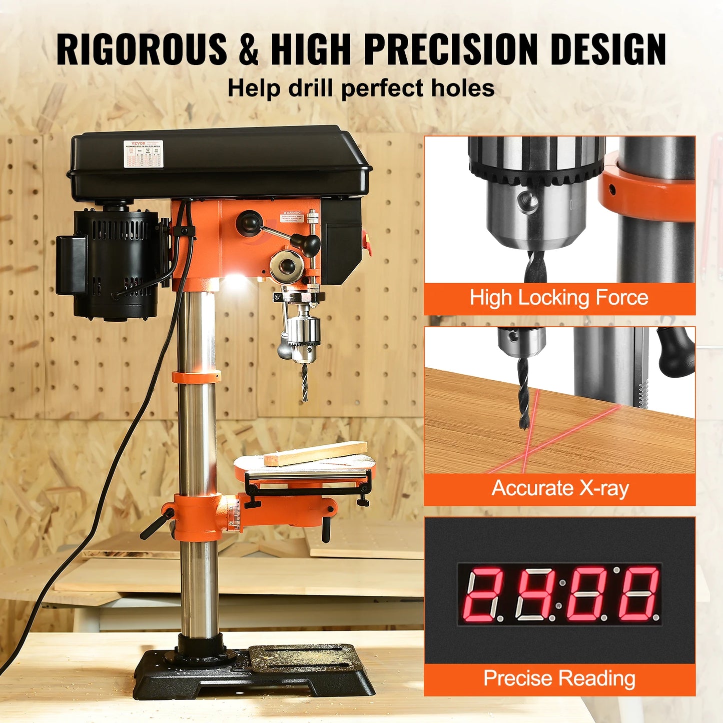 VEVOR 12in Benchtop Drill Press 5Amp 120V Variable Speed Cast Iron 0-45° Tiltling Worktable with Laser Work Light for Wood Metal