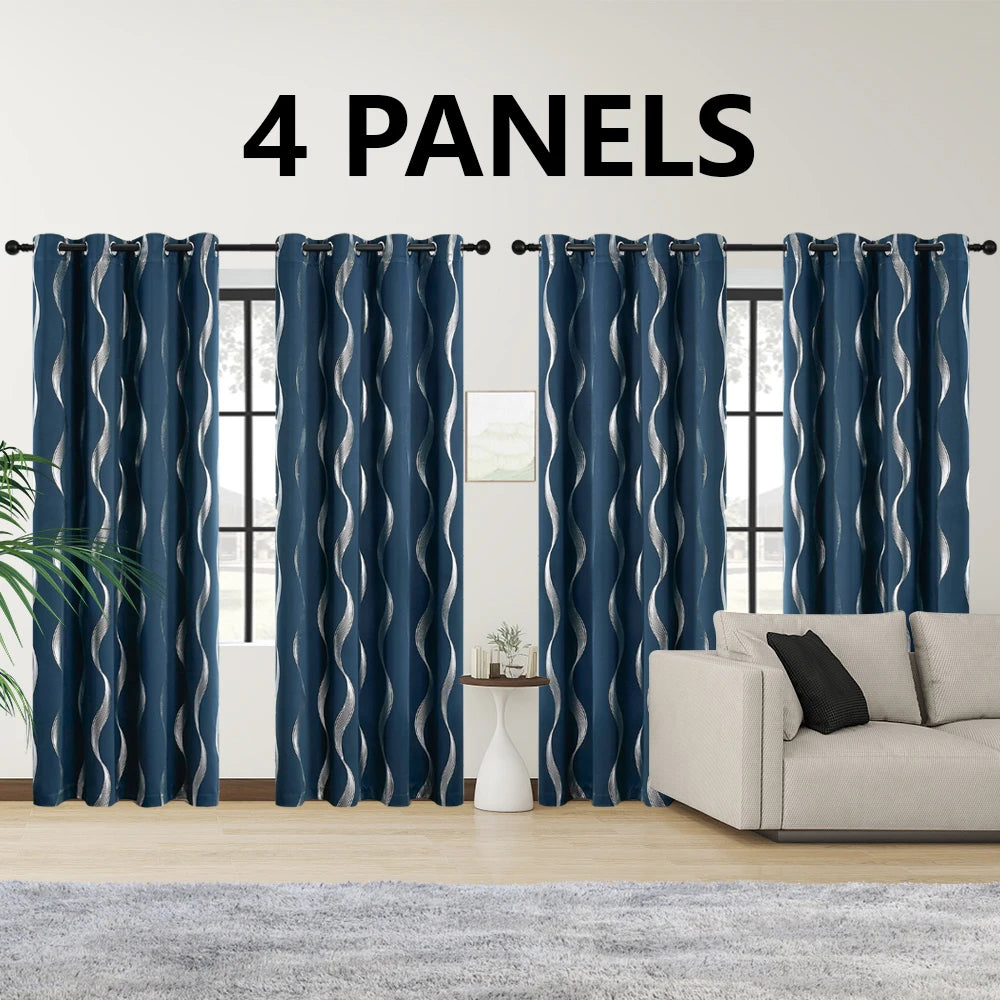 4PCS Blackout Curtains Grommet Thermal Insulated Room Darkening  With Wave Foil Printed For Bedroom