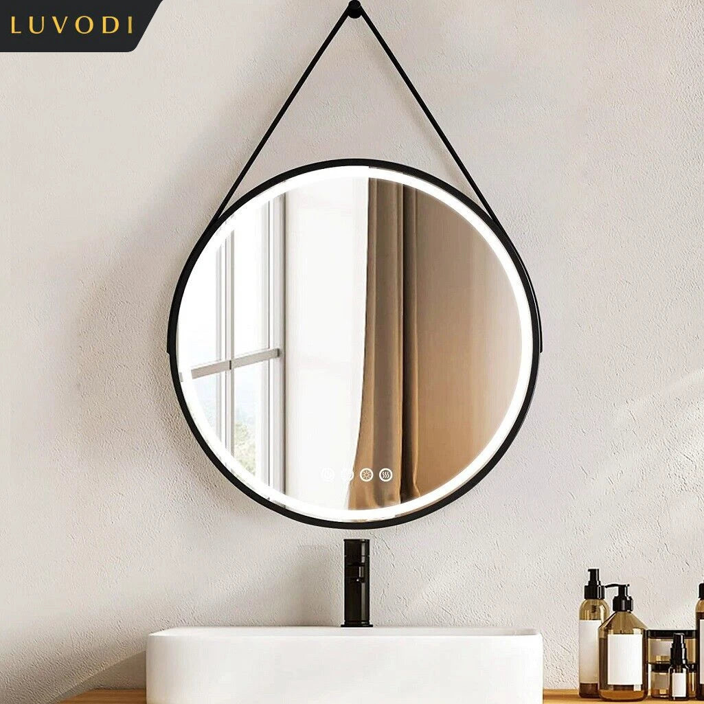 LUVODI Bathroom Light Mirror Round Black Gold Frame Bathroom Dimmable Fogless Mirror with Detachable Rope