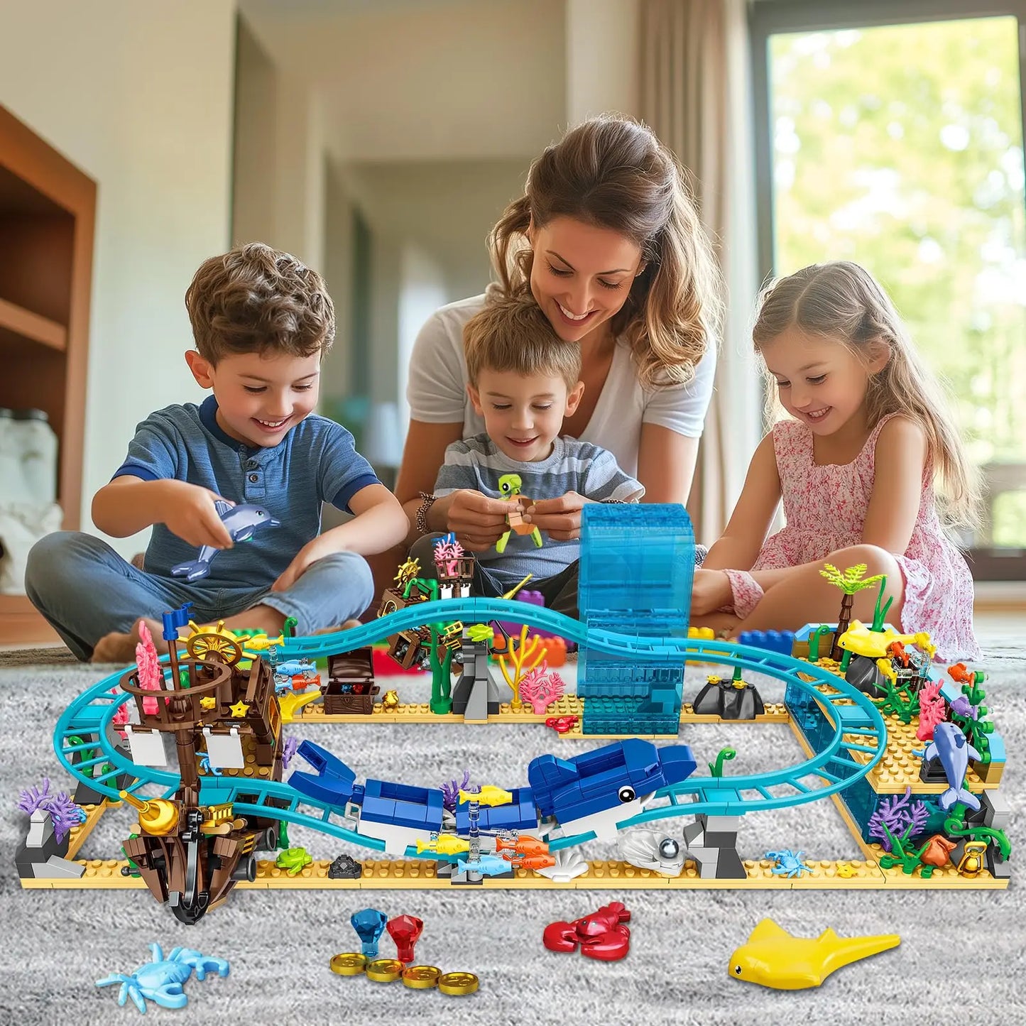 HOGOKIDS Ocean Roller Coaster Building Set- Aquarium with Pirate Ship & Dolphin Railcar Undersea Amusement Park Gift for Kids 6+
