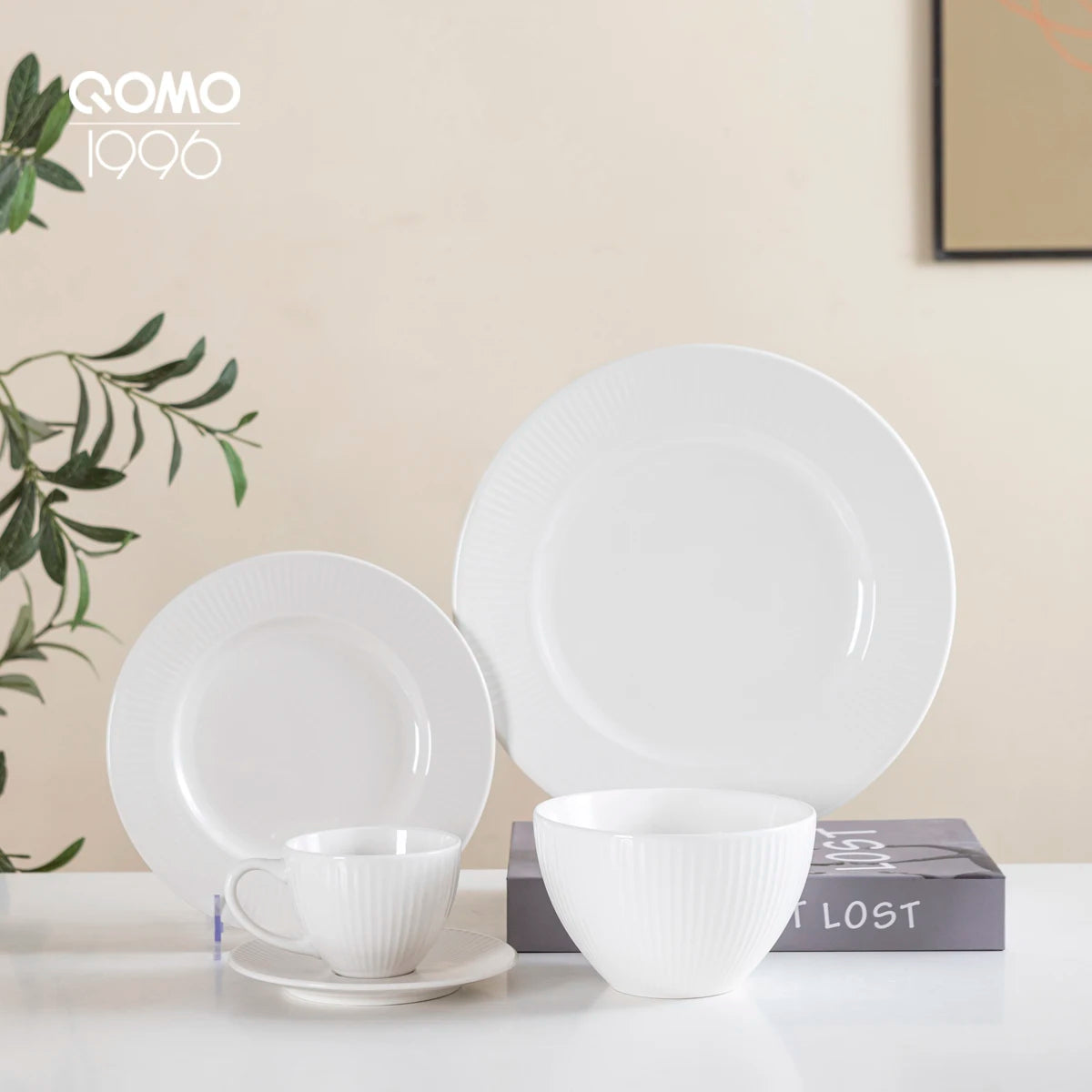 QOMO 24/36/48 Piece White Porcelain Dinnerware Set with Dessert Plate,Dinner Plate,Cup,Bowl Tableware Set