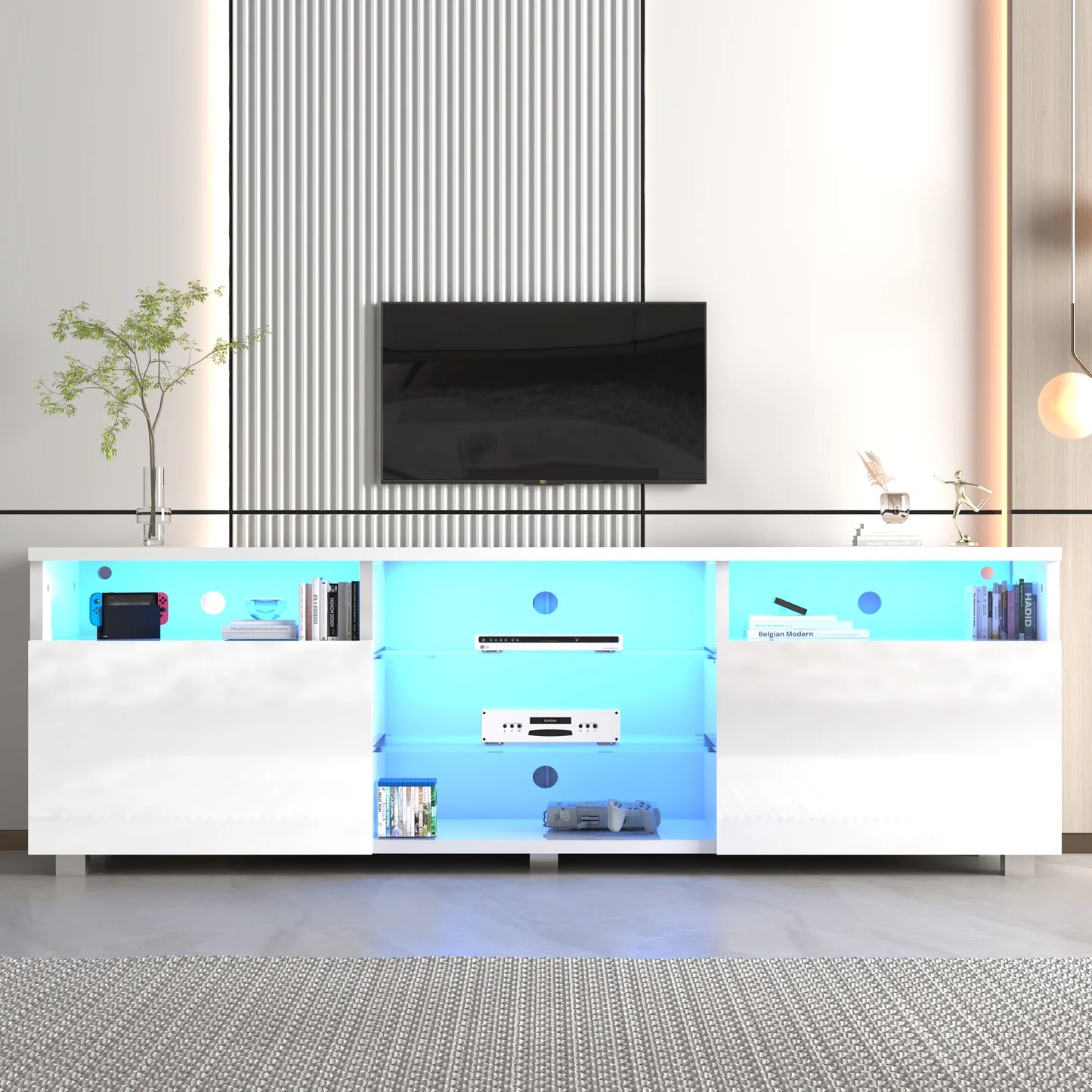LED TV Stand Modern High Glossy Entertainment Center TV Shelf with Storage Cabinet with Double Barn Doors 57/65/71/81/87In
