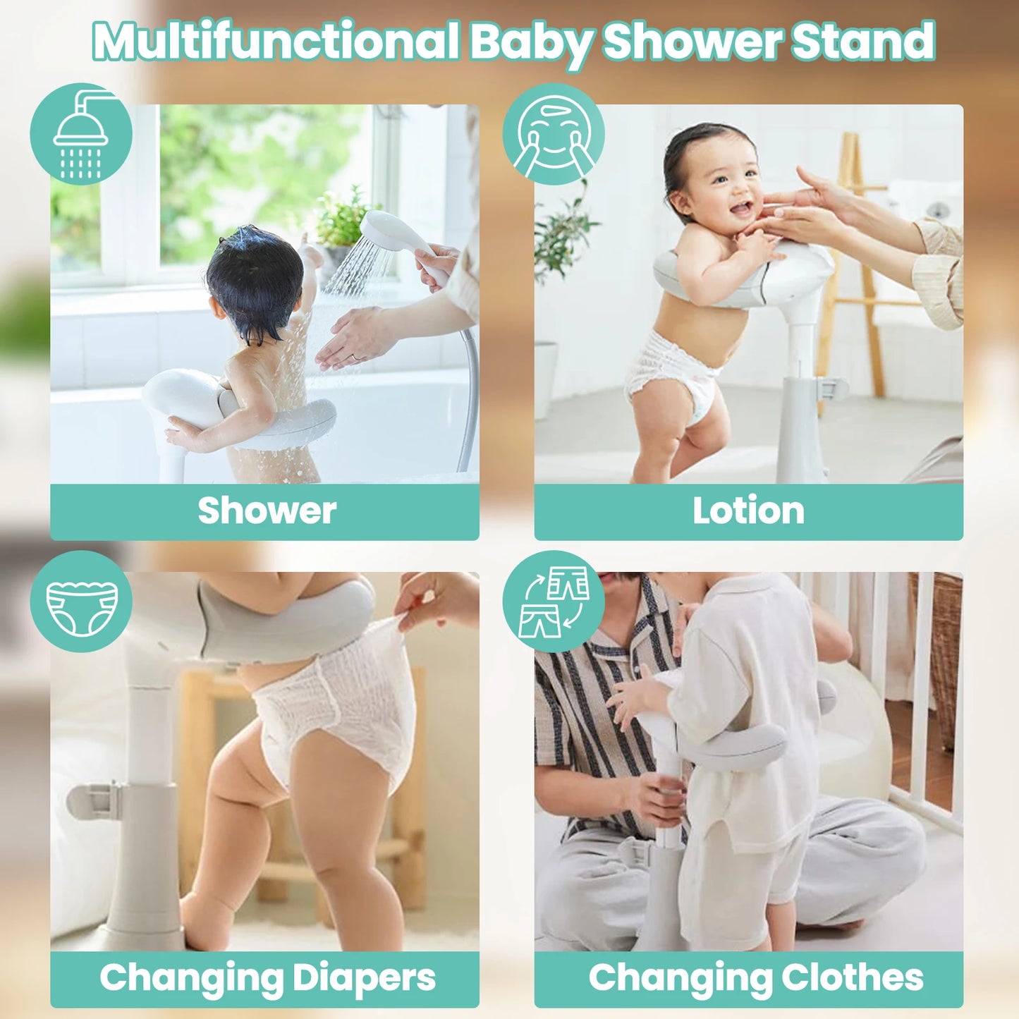 Baby Bath Stand, Baby Shower Standing Support with Adjustable Height and Armrest, Portable Bath Helper with Anti-Skip Base