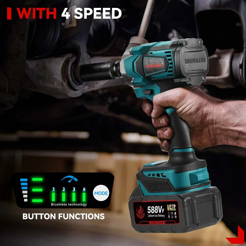 ONEVAN High Torque Brushless Electric Impact Wrench Cordless 1/2 inch Car Repair Screwdriver Power Tools for 21V 18V Battery