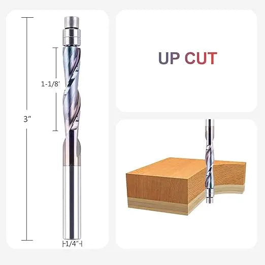 SpeTool 1pc Carbide TAC Coated Bearing Guided Spiral Flush Trim Router Bit 1/4inch Shank CNC UP&DOWN Cut Milling Cutter for Wood