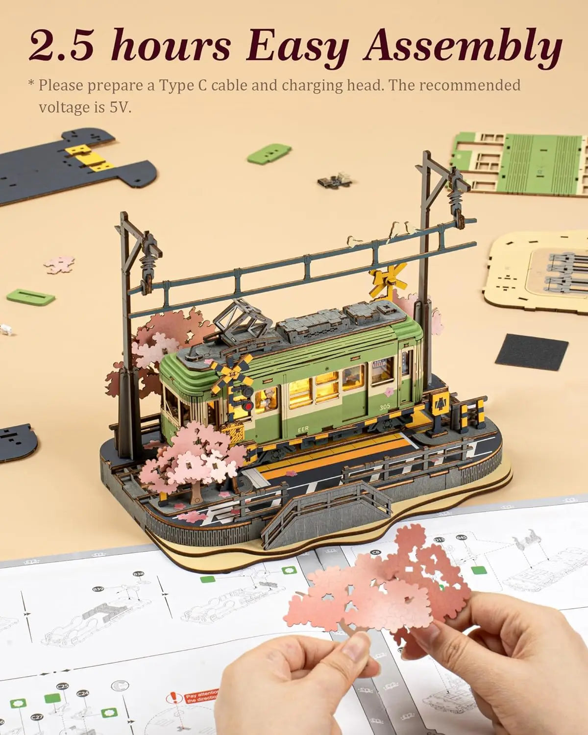 Robotime 3D Puzzles Sakura Journey DIY Model Building Toy with LED Light Wooden Craft Kits Tram Hobby for Kids Brain Teaser Gift
