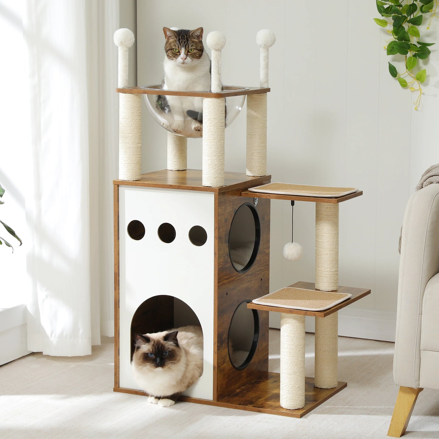 Modern Cat Tree Wooden Cat Tower with 2-Floor Condo Cat Furniture with Cat Scratching Posts Capsule Nest and Dangling Balls