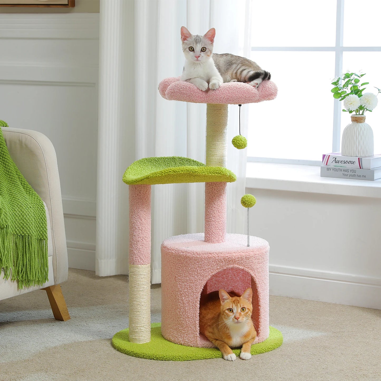 Flower Cat Tree for Indoor Cats, Small Cat Tower with Sisal Scratching Post, Soft Condo, Plush Perches, Fluffy Balls, Cat Toys