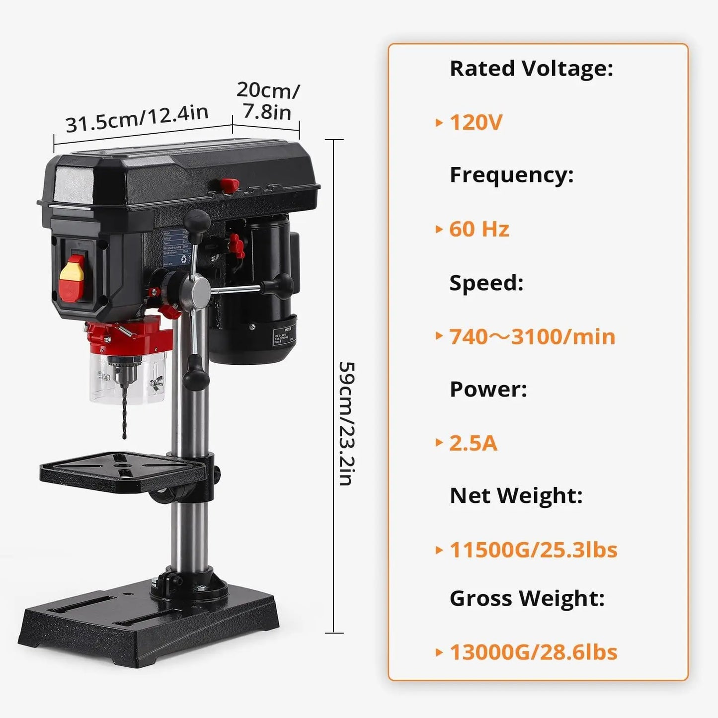8 Inch Bench Drill Press, 2.5Amp, 5 Speed Adjustable, Swing Distance 0-45° Tilting, Controls Benchtop for Wood, Metal Drilling
