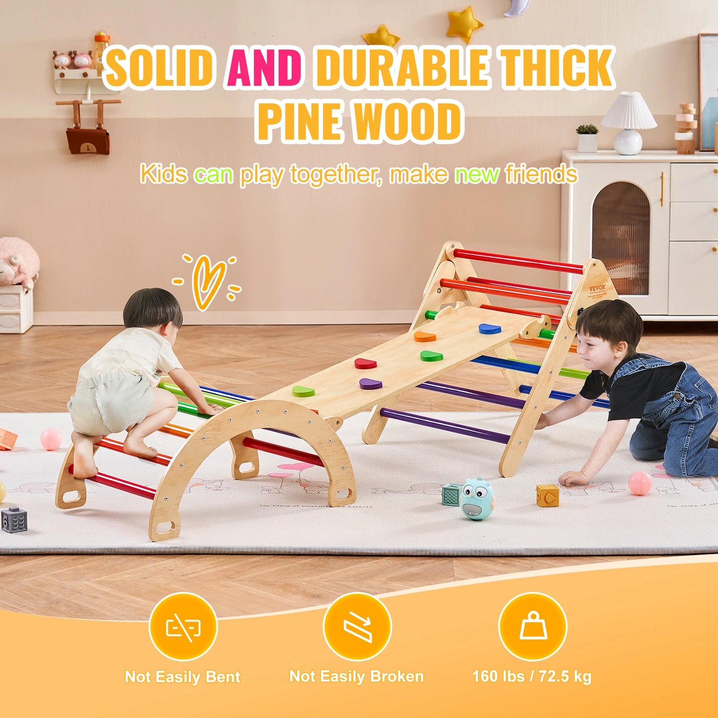 VEVOR Pikler Triangle Set 5 in 1 Toddler Climbing Toys Indoor Playground for Toddlers 1-3 Years Large Size Wooden Climbing Set