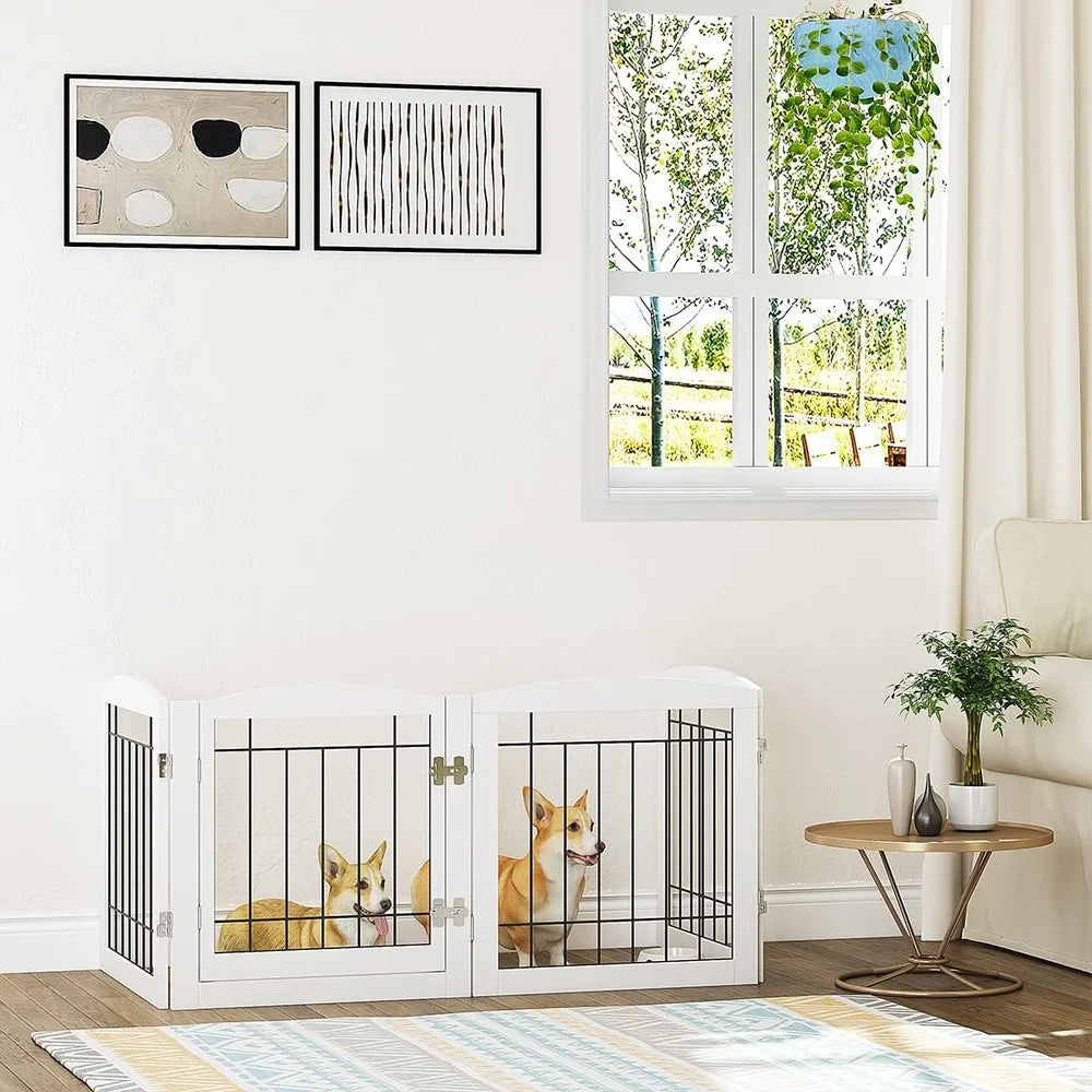 Freestanding Dog Gate with Walk Through Door Pet Safety Fence Stairs Doorways Indoor Use Multi-Panel Design Pet Playpen