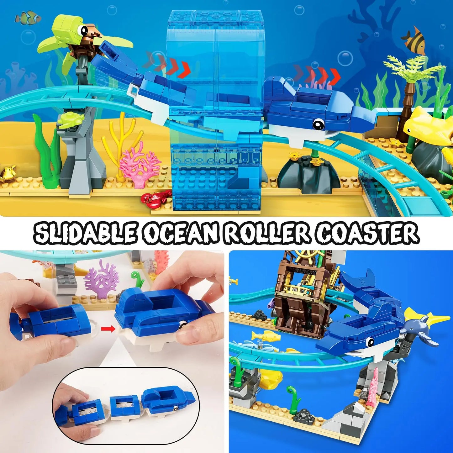 HOGOKIDS Ocean Roller Coaster Building Set- Aquarium with Pirate Ship & Dolphin Railcar Undersea Amusement Park Gift for Kids 6+