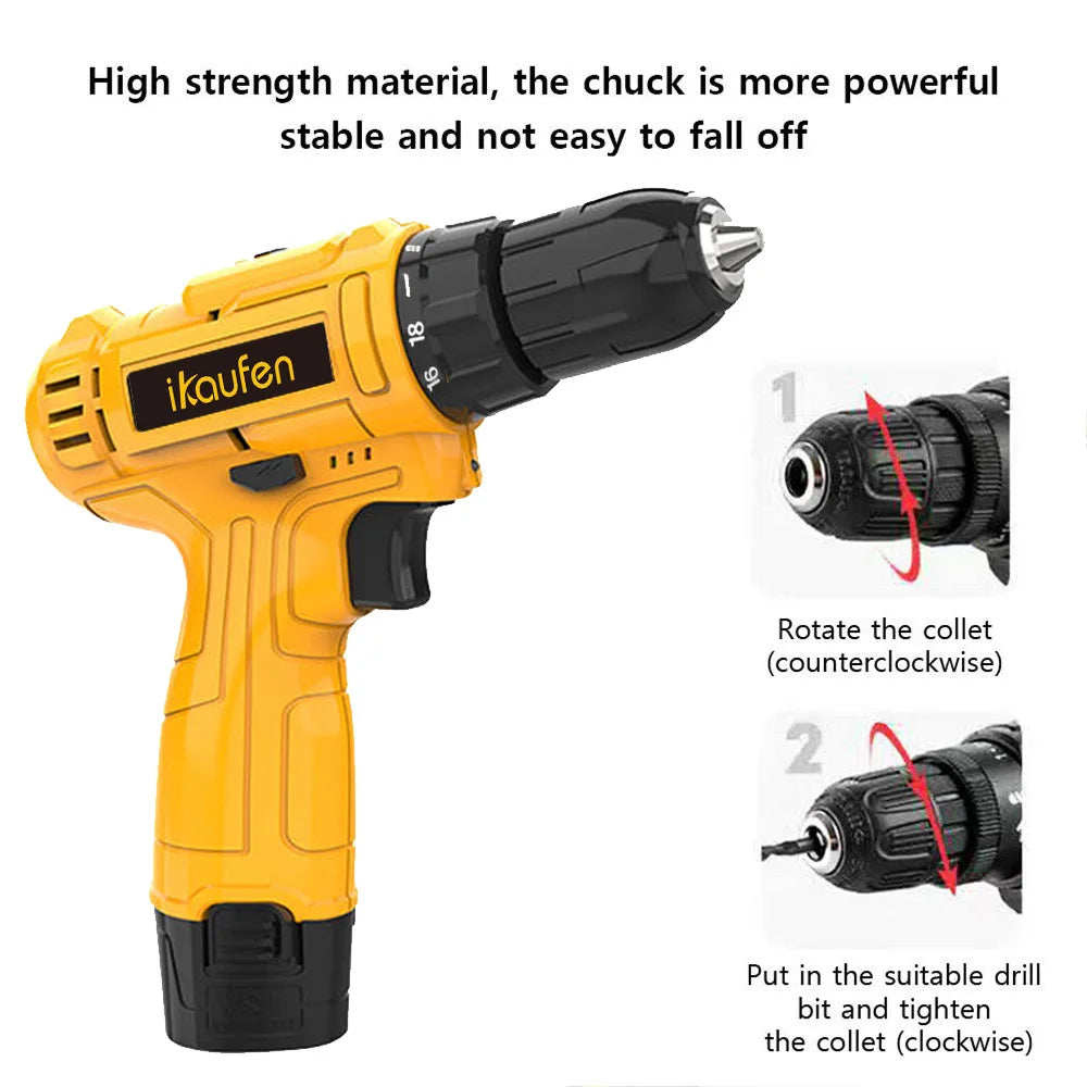 12V Cordless Impact Drill Driver Set Electric Screwdriver Tool Kit With 25+1 Torque Setting  Variable Speeds