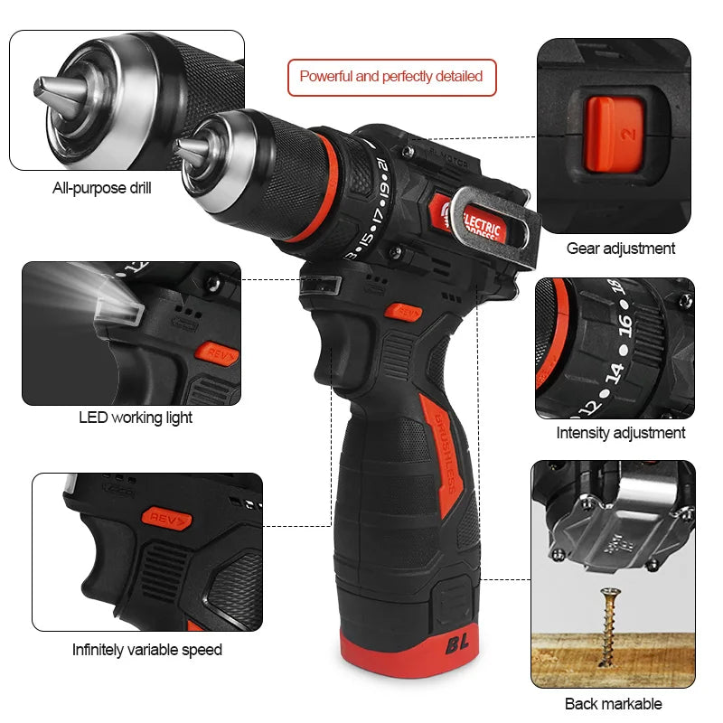 280NM 16.8V Brushless Electric Drill Cordless Screwdriver Electric Drill Battery Set Household Multi-functional DIY Power Tools