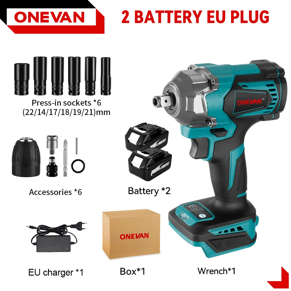 ONEVAN High Torque Brushless Electric Impact Wrench Cordless 1/2 inch Car Repair Screwdriver Power Tools for 21V 18V Battery