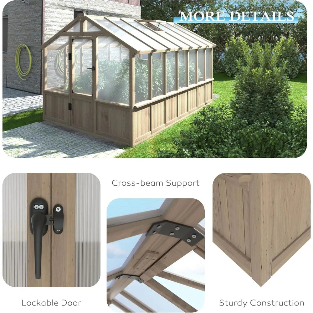 8' x 14' Wooden Greenhouse for Outdoor, Heavy Duty Green House with Ventilated Window and Lockable Door, Walk-in Greenhouse