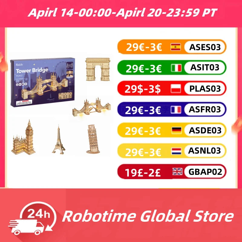 Robotime Wooden Puzzle Game DIY 3D Tower Bridge,Big Ben,Famous Building Assembly Toy Gift for Children Teen Adult