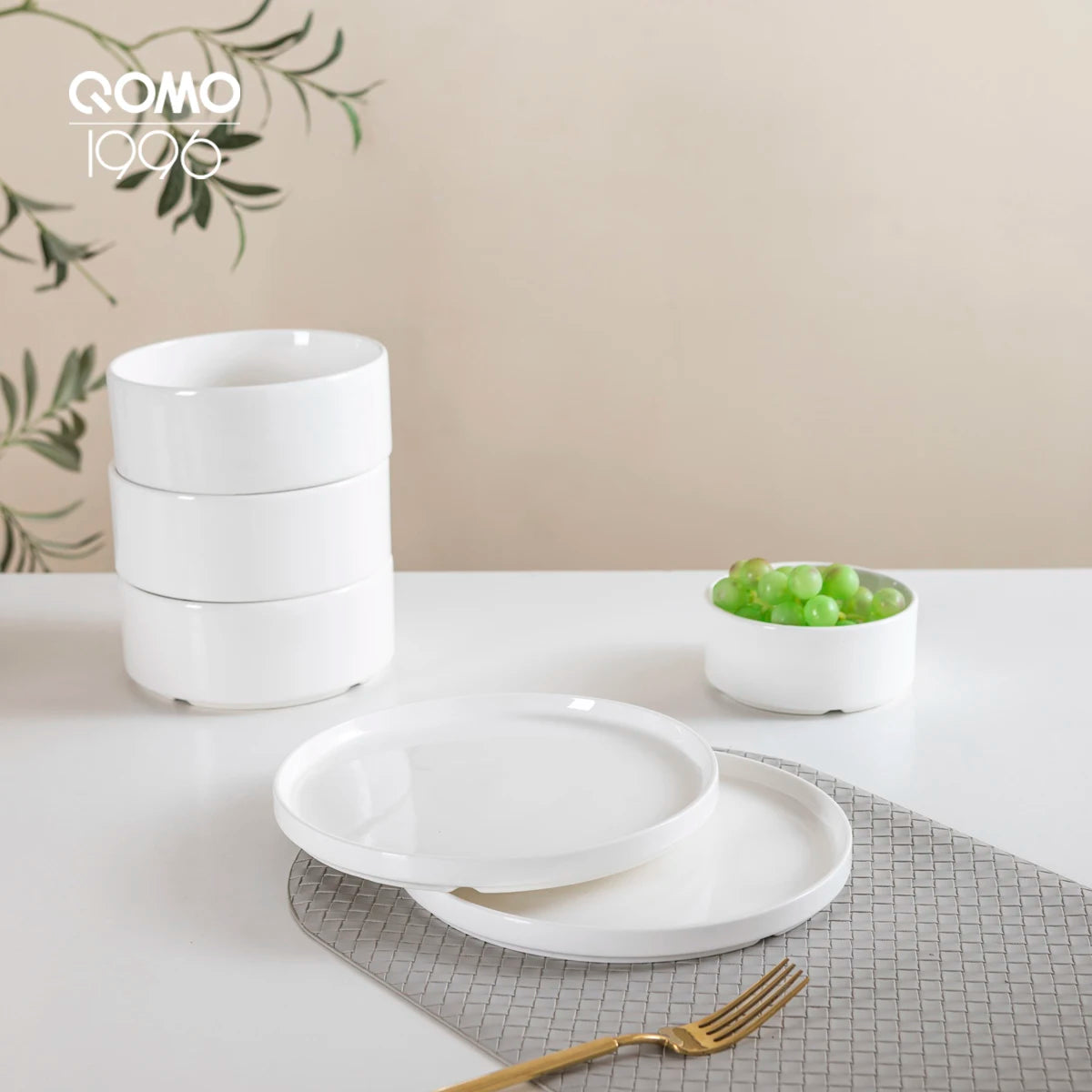 QOMO 16-Piece Dinnerware Set, Dishes Set with Bowls and Plates,  Service for 4, White