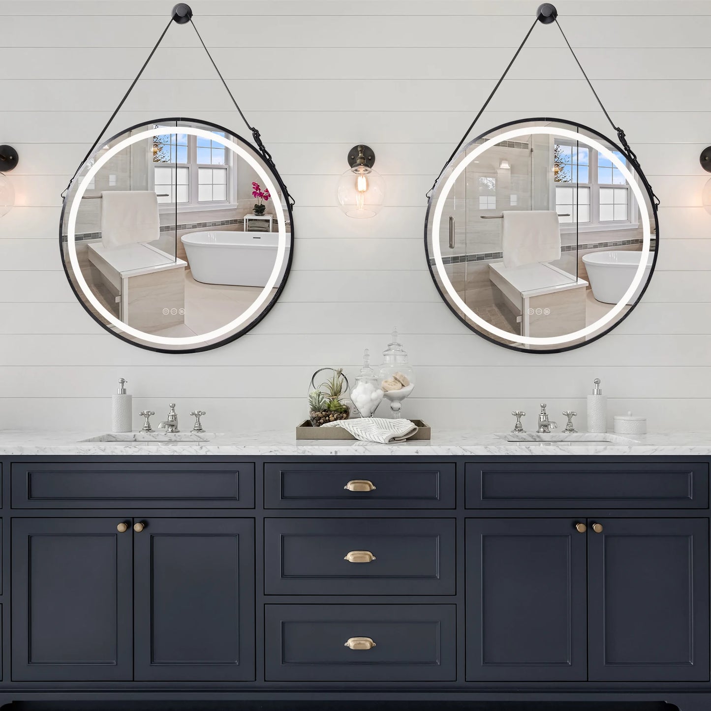 Wisfor Frame Round Mirror,Round Bathroom Mirror with Light,Wall Mounted Lighted Vanity Mirror, Anti-Fog & Dimmable Touch Switch