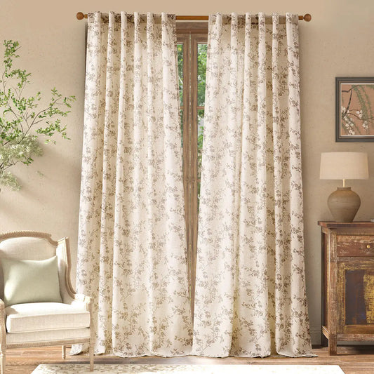 JINCHAN 2 Panels Linen Curtains For Living Room Bedroom French Country Farmhouse Flower Patterned Drapes Back Tab Window Curtain