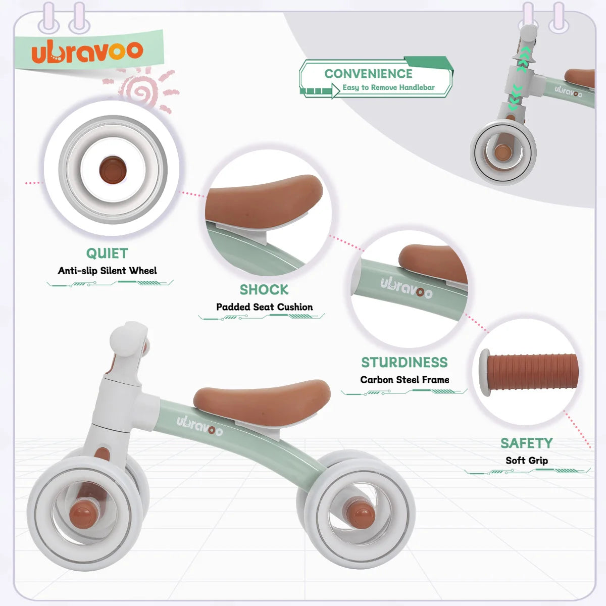 Ubravoo Baby Slide Balance Bike for 12-24 Months,3-Mode Headlight & 4 Transparent Silence Wheels, Riding on Toys Birthday Gifts