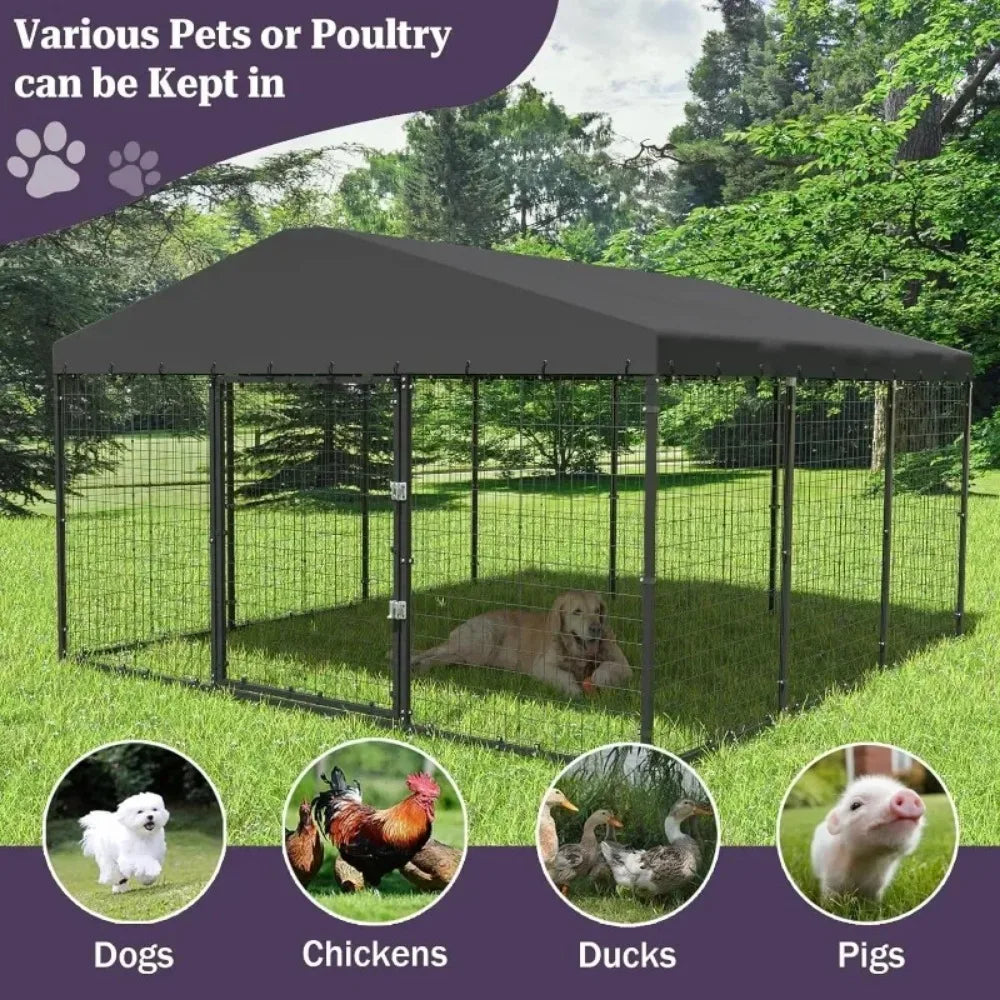 Large Dog Kennel Outdoor with Waterproof Roof Cover, Dog Cage Heavy Duty Dog Enclosures W/Upgraded Metal Mesh and Door Locks