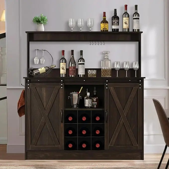 Farmhouse Coffee Bar Cabinet with  Hooks Liquor Wine Bar  Racks Kitchen Buffet Storage Adjustable Shelves for Living Dining Room
