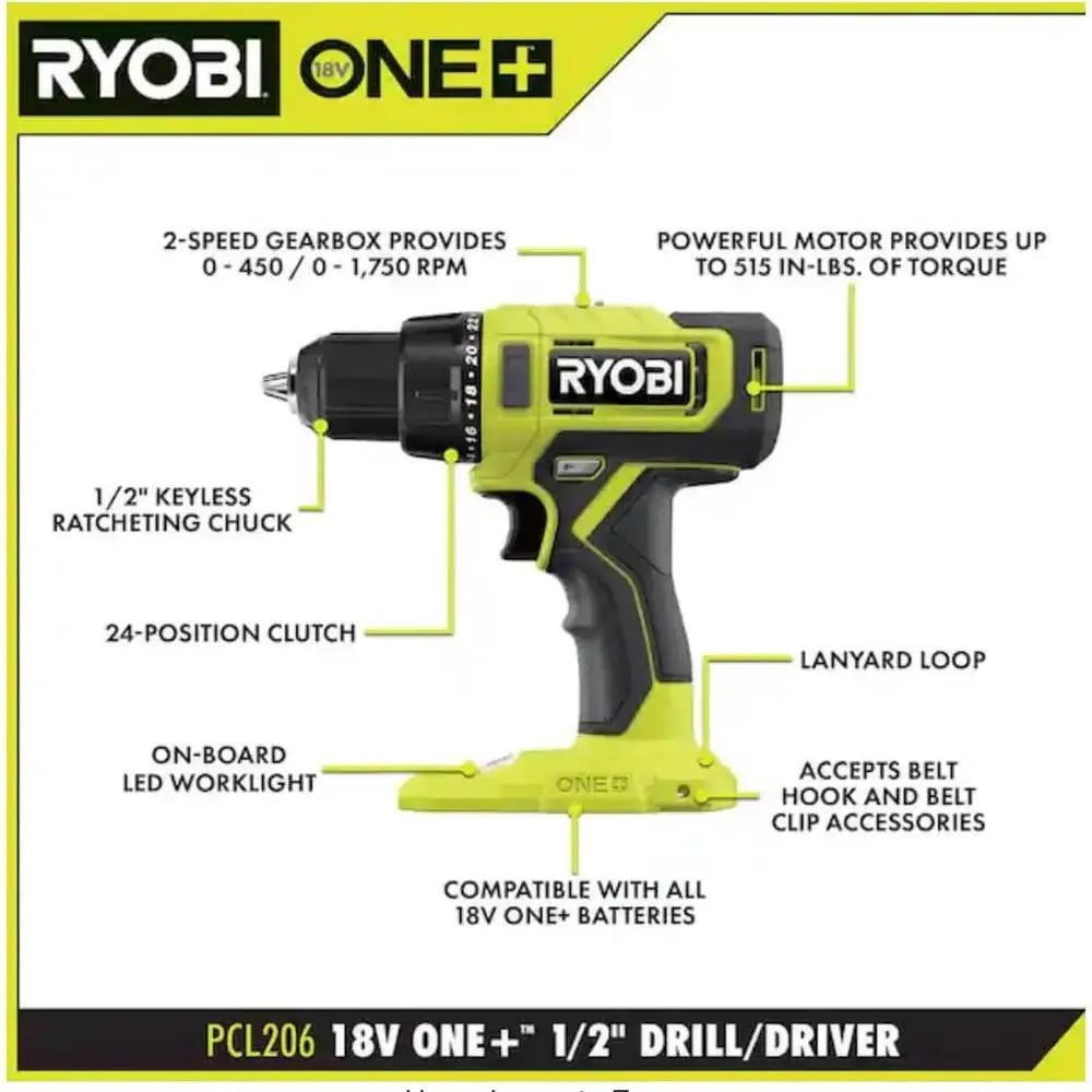 RYOBI ONE  18V Cordless 1/2 in. Drill/Driver Tool Only PCL206B Black Green