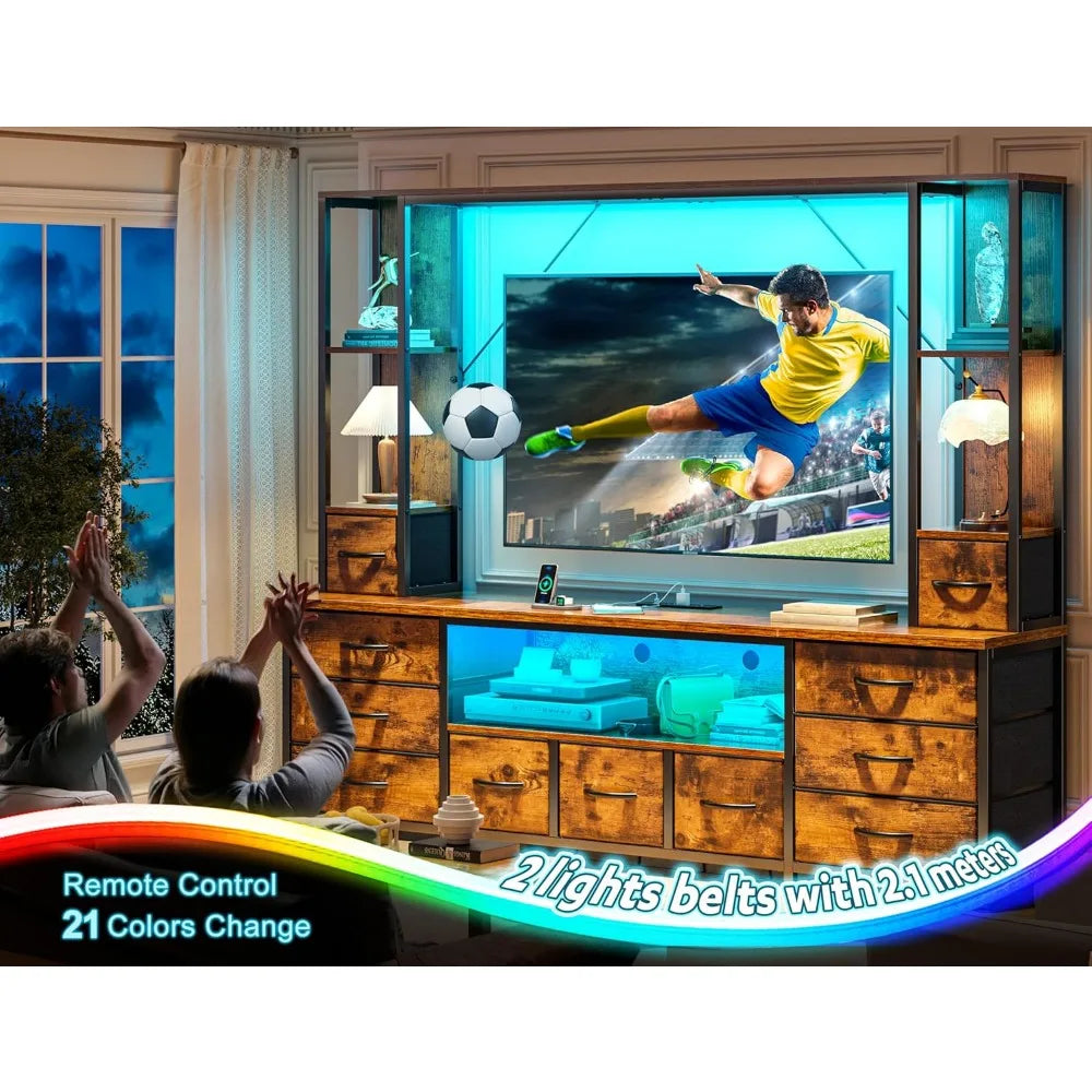 65" TV Stands for Living Room, Large Wall Unit Entertainment Center with 11 Fabric Drawer,Dresser TV Stand with 2 LED Lights &