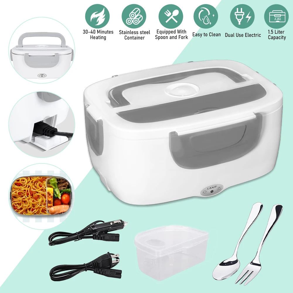 2-In-1 Electric Heating Lunch Box Portable Stainless Steel Liner Bento Lunchbox Food Container Bento Box for Car + Home 12V 110V