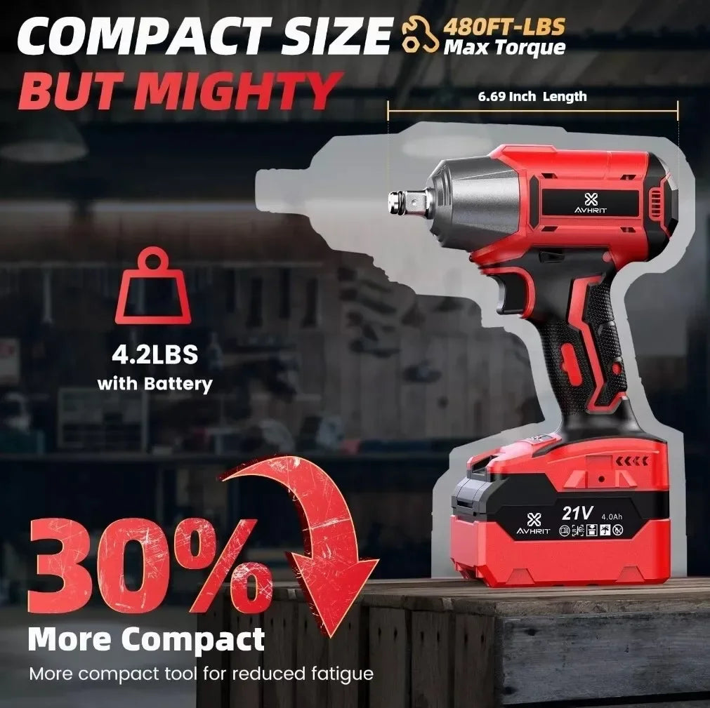 Brushless 1/2" 4.0Ah Heavy Duty Electric Impact Wrench 650N.M Ratchet Nut Gun Cordless For Cay Tyre Wheel Removal Electric Tools