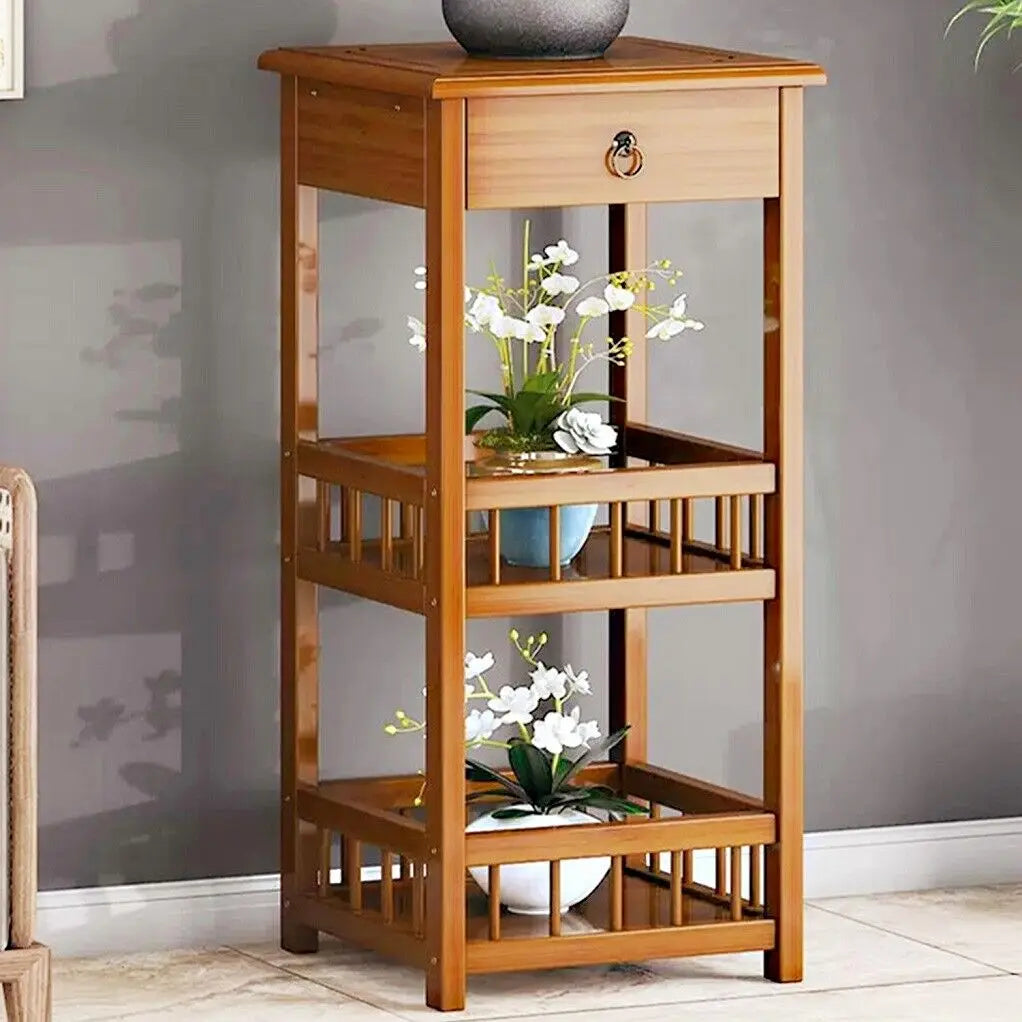 2-Tier Retro Bedside Table Bamboo Sofa Coffee End Table with Drawer Plant Display Storage Shelf Unit