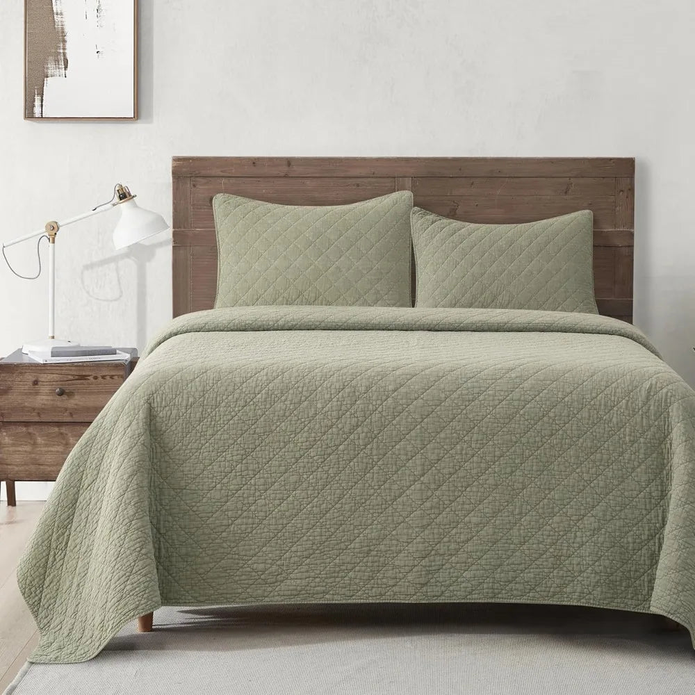 HiEnd Accents Stonewashed Cotton Gauze 3 Piece Quilt Set with Pillow Shams, Super King Size, Celadon Solid Color, Classic