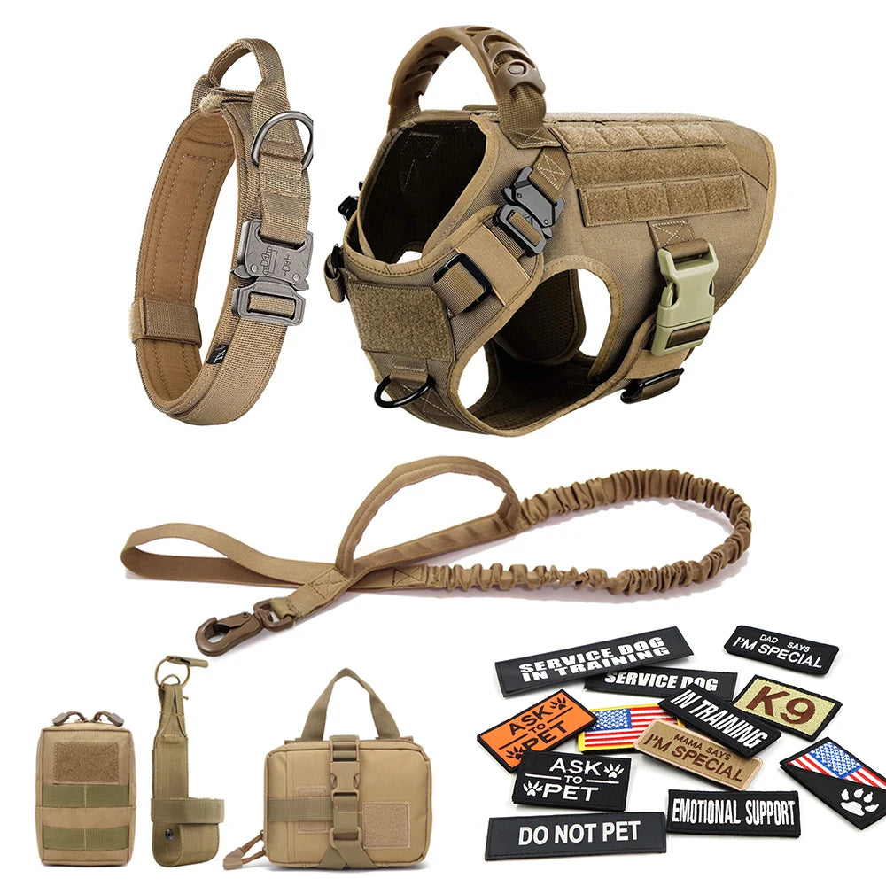 Military Large Dog Harness Collar Leash Bags Patches Set Pet Malinois Training Vests Tactical Dogs Harnesses Accessories