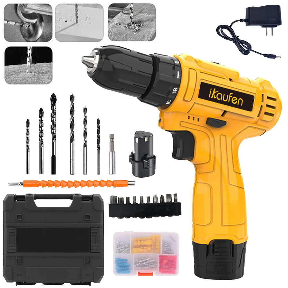 12V Cordless Impact Drill Driver Set Electric Screwdriver Tool Kit With 25+1 Torque Setting  Variable Speeds