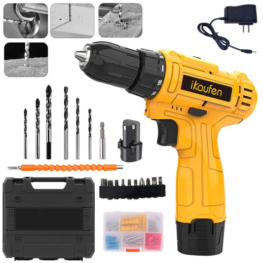 12V Cordless Impact Drill Driver Set Electric Screwdriver Tool Kit With 25+1 Torque Setting  Variable Speeds