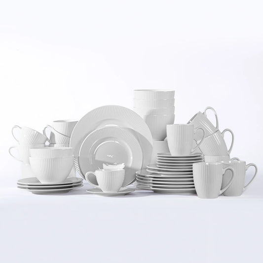 QOMO 24/36/48 Piece White Porcelain Dinnerware Set with Dessert Plate,Dinner Plate,Cup,Bowl Tableware Set