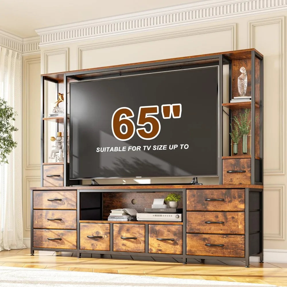 65" TV Stands for Living Room, Large Wall Unit Entertainment Center with 11 Fabric Drawer,Dresser TV Stand with 2 LED Lights &
