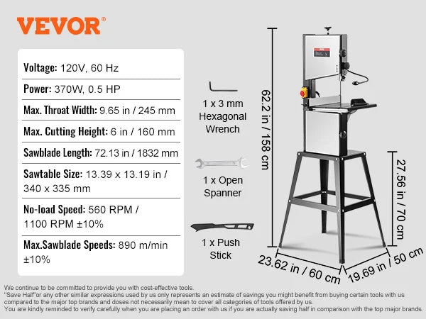 VEVOR 10/14Inch Band Saw 2-Speed Continuously Viable Benchtop Bandsaw with Optimized Work Light for Woodworking Aluminum Plastic