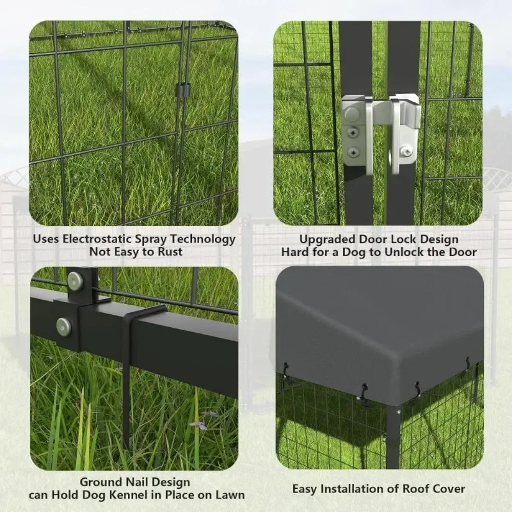 Large Dog Kennel Outdoor with Waterproof Roof Cover, Dog Cage Heavy Duty Dog Enclosures W/Upgraded Metal Mesh and Door Locks