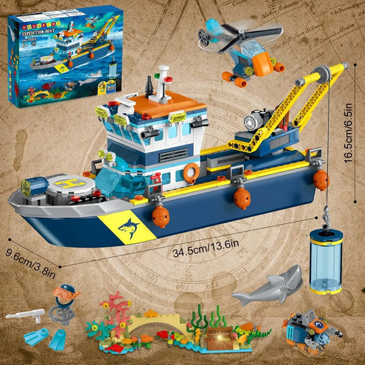 HOGOKIDS Arctic Explorer Technic Ship Building Block Set with LED Light  Ocean Exploration Helicopter Sub Shark for Kids Ages 6+