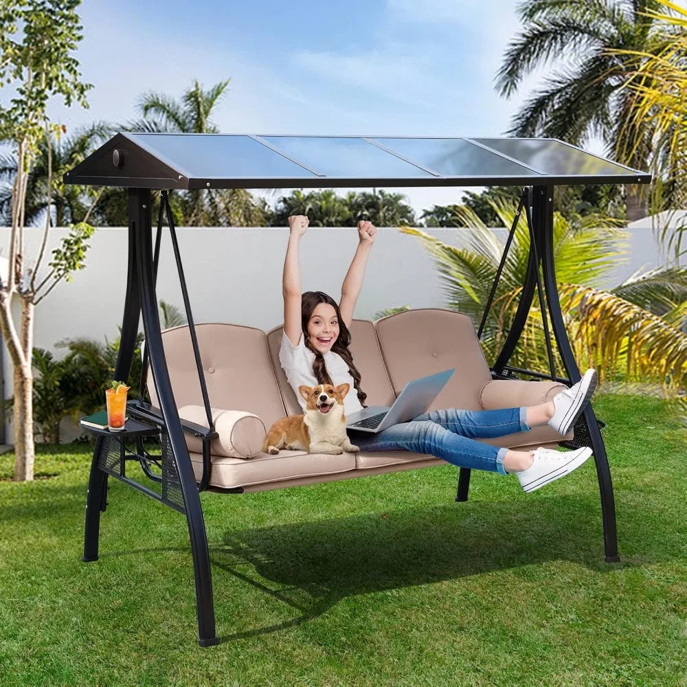 Outdoor Porch Swing with Polycarbonate Hardtop,  3 Seat Patio Swing with Convertible Backrest,  2 Side Cup Holder