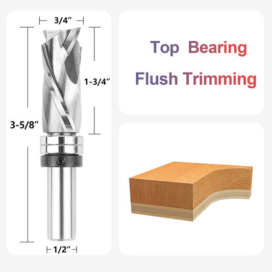 SpeTool 1pc Bearing Compression Spiral Flush Trim Router Bit, Solid Carbide Template Router Bit fo Pattern Work Woodworking Tool
