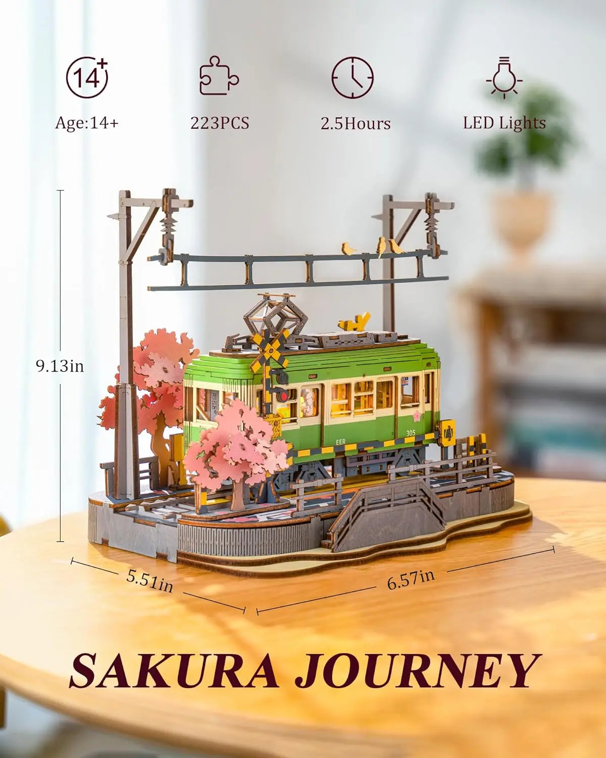 Robotime 3D Puzzles Sakura Journey DIY Model Building Toy with LED Light Wooden Craft Kits Tram Hobby for Kids Brain Teaser Gift