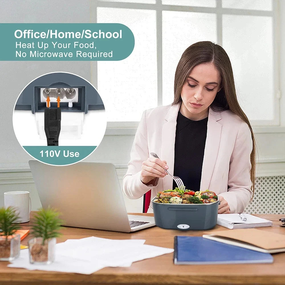 2-In-1 Electric Heating Lunch Box Portable Stainless Steel Liner Bento Lunchbox Food Container Bento Box for Car + Home 12V 110V